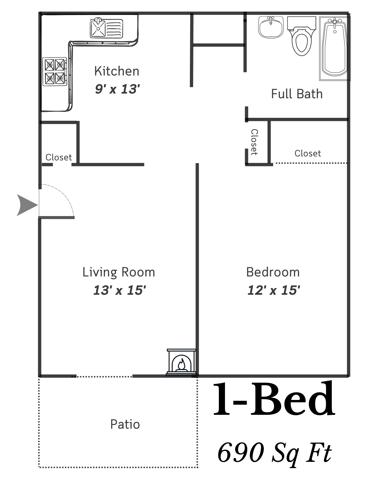 Floor plan for 1 bed, 1 bath, 690 sqft